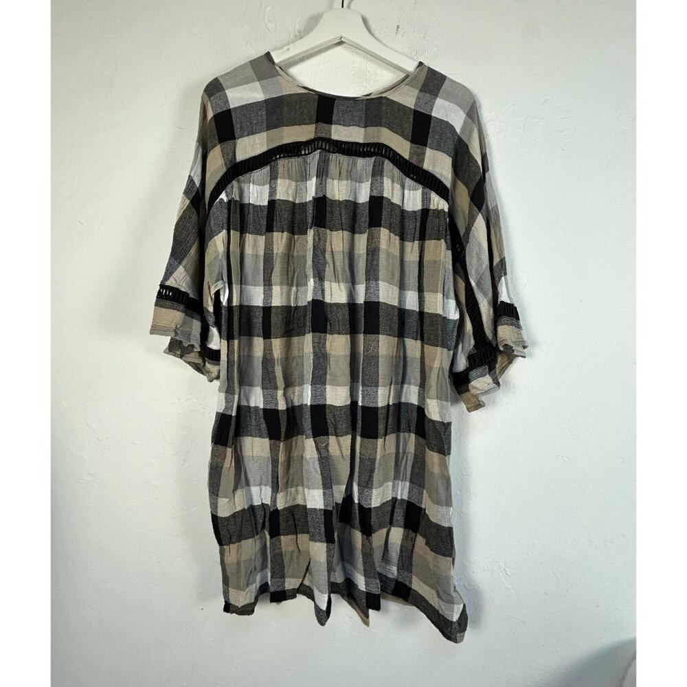 Maeve Anthropologie Womens Plaid Check Print Mini Dress Medium 3/4 Sleeve Beige